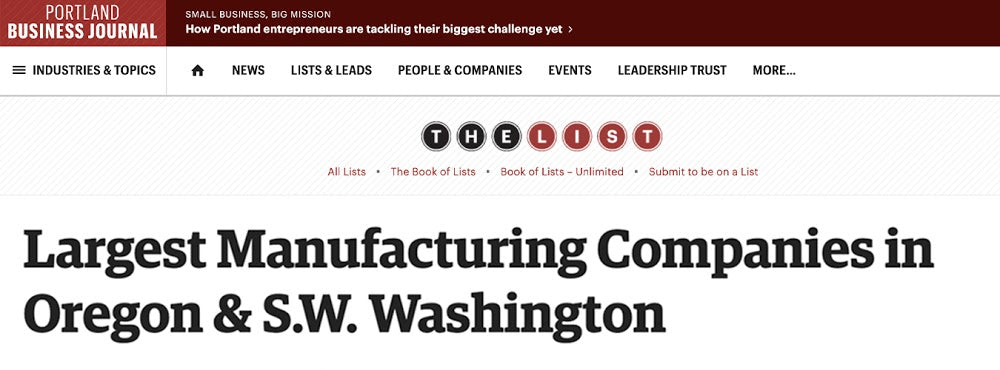 CTL Named Among Oregon and Southwest Washington’s Largest Manufacturing Companies