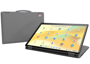 Chromebook device in tablet mode and shown in folded mode with carry handle